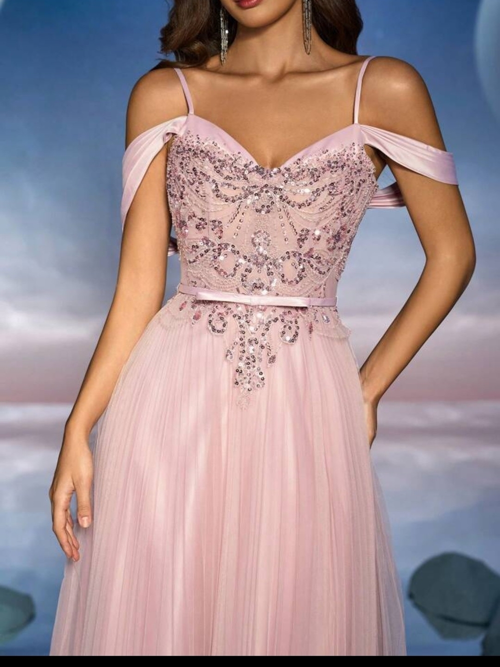 SHEIN Nice Blush Pink Embellished Off-Shoulder Tulle Prom Gown